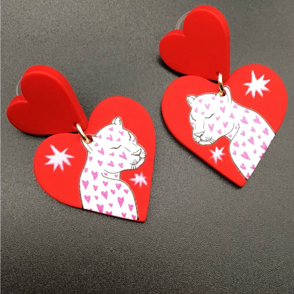 Matte Red Leopard Heart Earrings